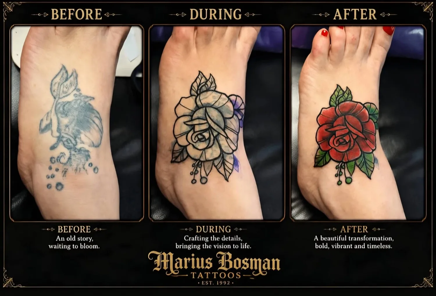 Cover-up tattoo on a foot: a faded old tattoo turned into a bold red traditional rose, shown before, during and after