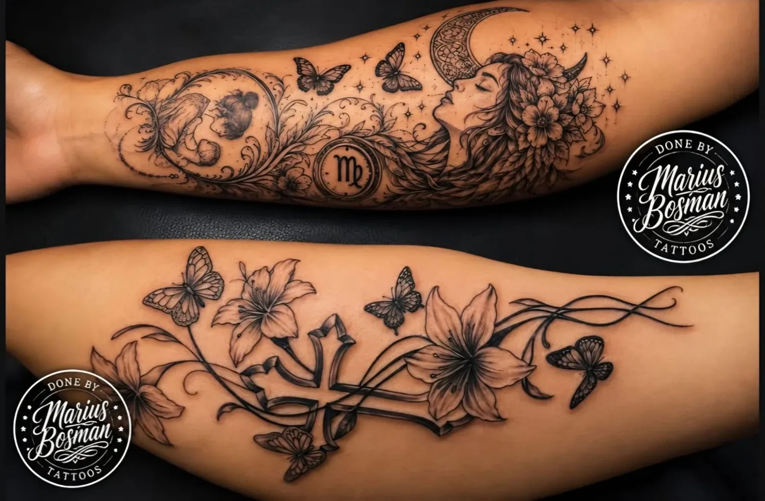 Two black and grey forearm tattoos: a woman with moon, butterflies and a Virgo sign, and lilies with a cross and butterflies